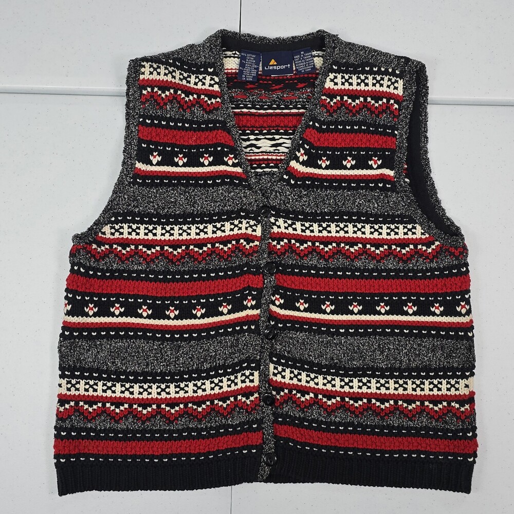 VTG 90s Liz Claiborne Liz Sport Sweater Vest M Textured Chunky Knit Red/Black